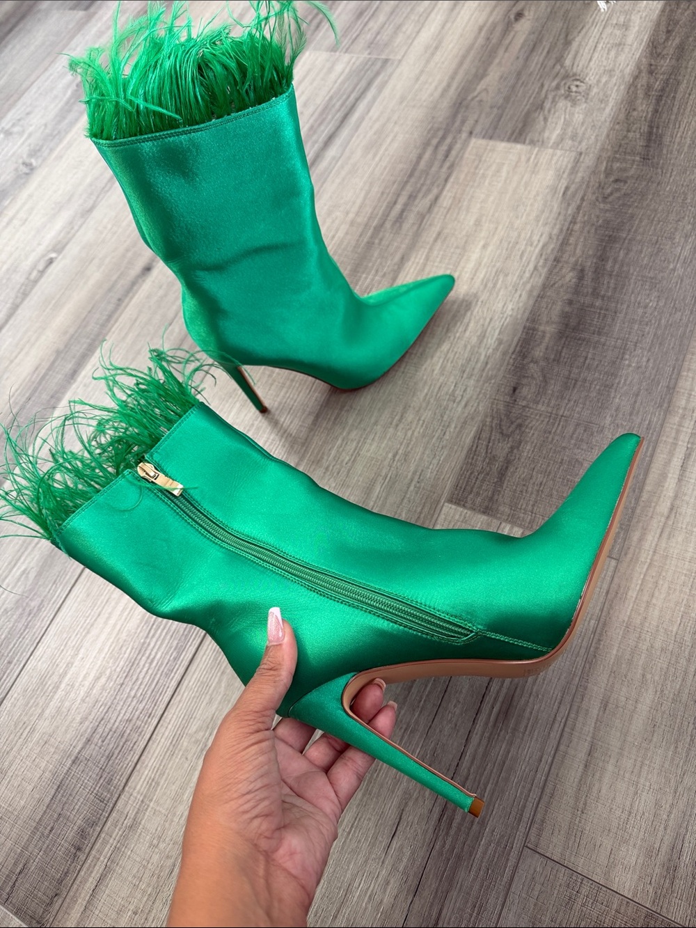 Green Feather Trim Stiletto Booties